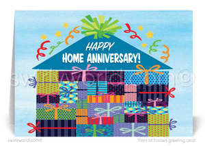 Cute House Happy Home Anniversary Cards for Clients from Realtor. House made of presents gift packages.