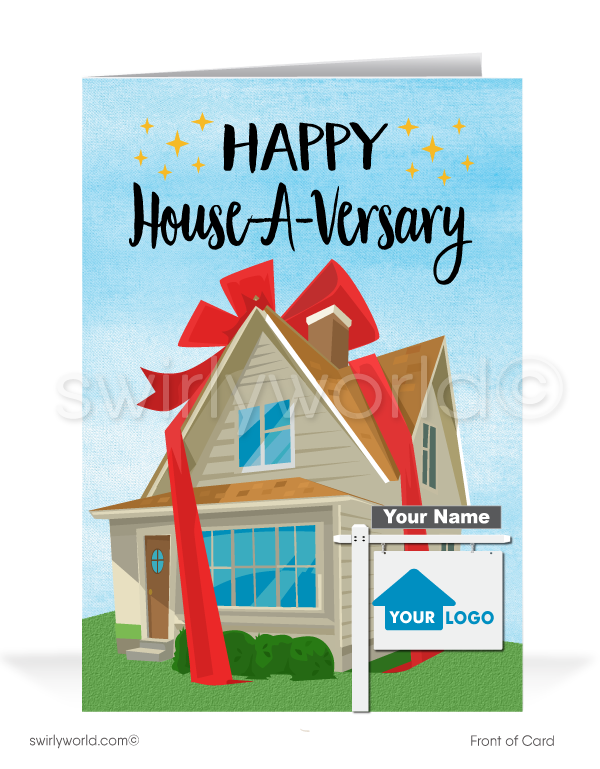 Cute house with red bow tied around; happy home anniversary greeting card marketing for Realtors®.