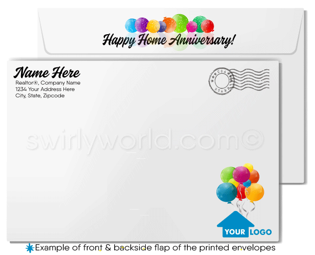 Cute house with red bow tied around; happy home anniversary greeting card marketing for Realtors®.