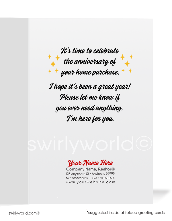 Cute house with red bow tied around; happy home anniversary greeting card marketing for Realtors®.