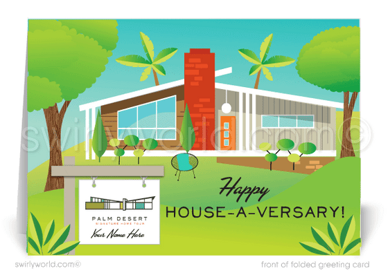 Mid-Century Modern Eichler Happy Home Anniversary Cards for Realtors