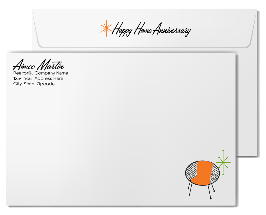 Mid-century modern atomic ranch Palm Springs Eichler home anniversary cards marketing for Realtors®.