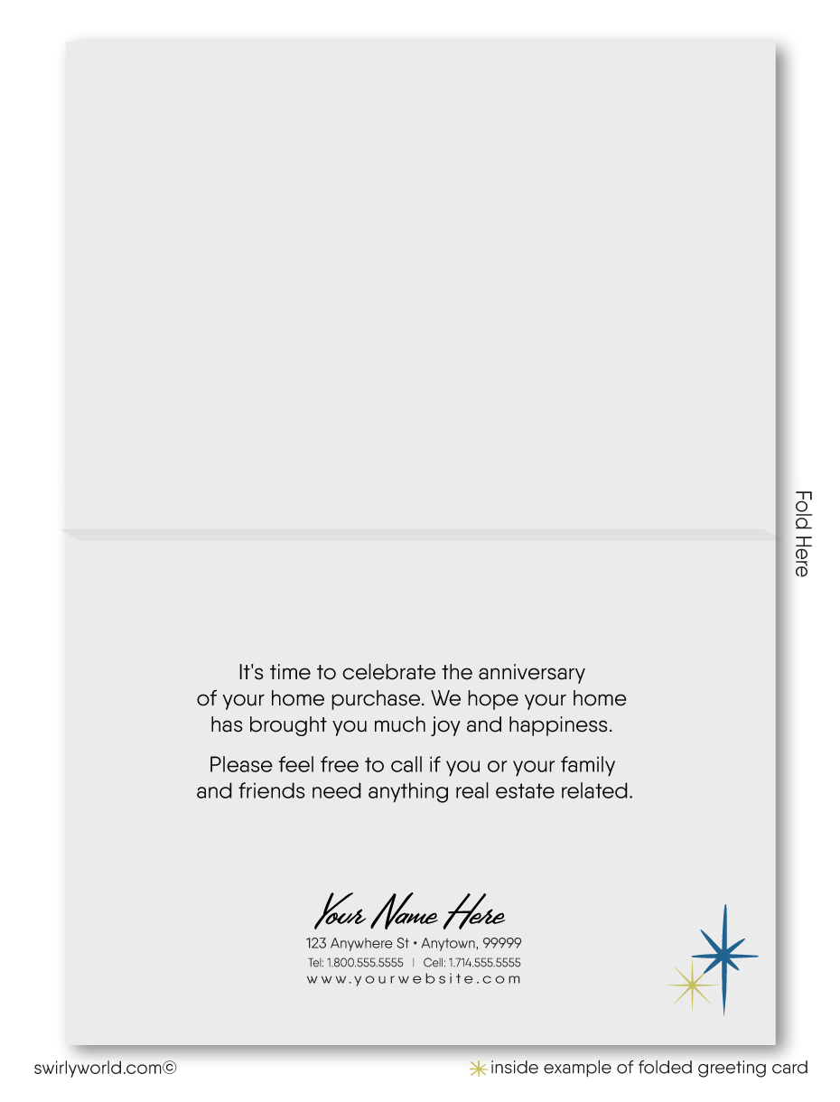 Mid-Century Modern Realtor Happy Home Anniversary Cards for Clients