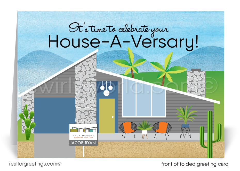 Mid-Century Modern Realtor Happy Home Anniversary Cards for Clients