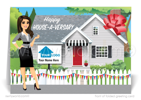 Cute realtor® standing in front of house with red bow; happy home anniversary cards marketing for Realtors®. Real estate agent marketing 