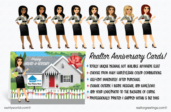 Cute realtor® standing in front of house with red bow; happy home anniversary cards marketing for Realtors®. Real estate agent marketing 