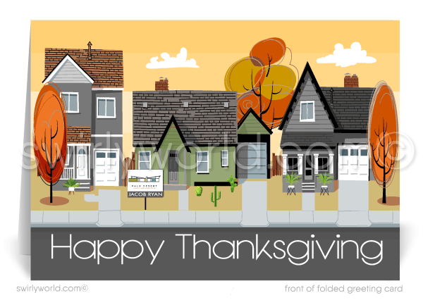 Retro Modern Houses Realtor Business Thanksgiving Greeting Cards for Clients