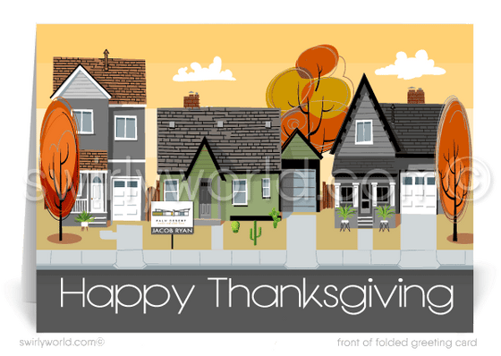 mid-century modern retro happy thanksgiving cards for realtors. Client Thanksgiving cards