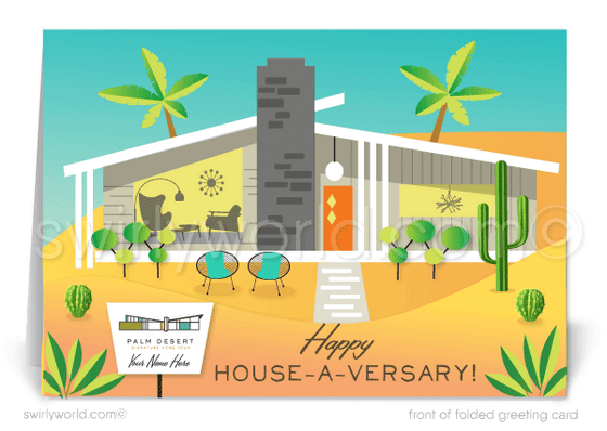 Mid-century modern atomic ranch Palm Springs Eichler home anniversary cards marketing for Realtors®.
