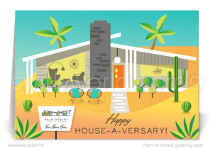 Mid-century modern atomic ranch Palm Springs Eichler home anniversary cards marketing for Realtors®.