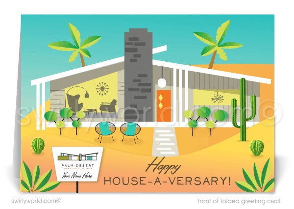 Mid-century modern atomic ranch Palm Springs Eichler home anniversary cards marketing for Realtors®.