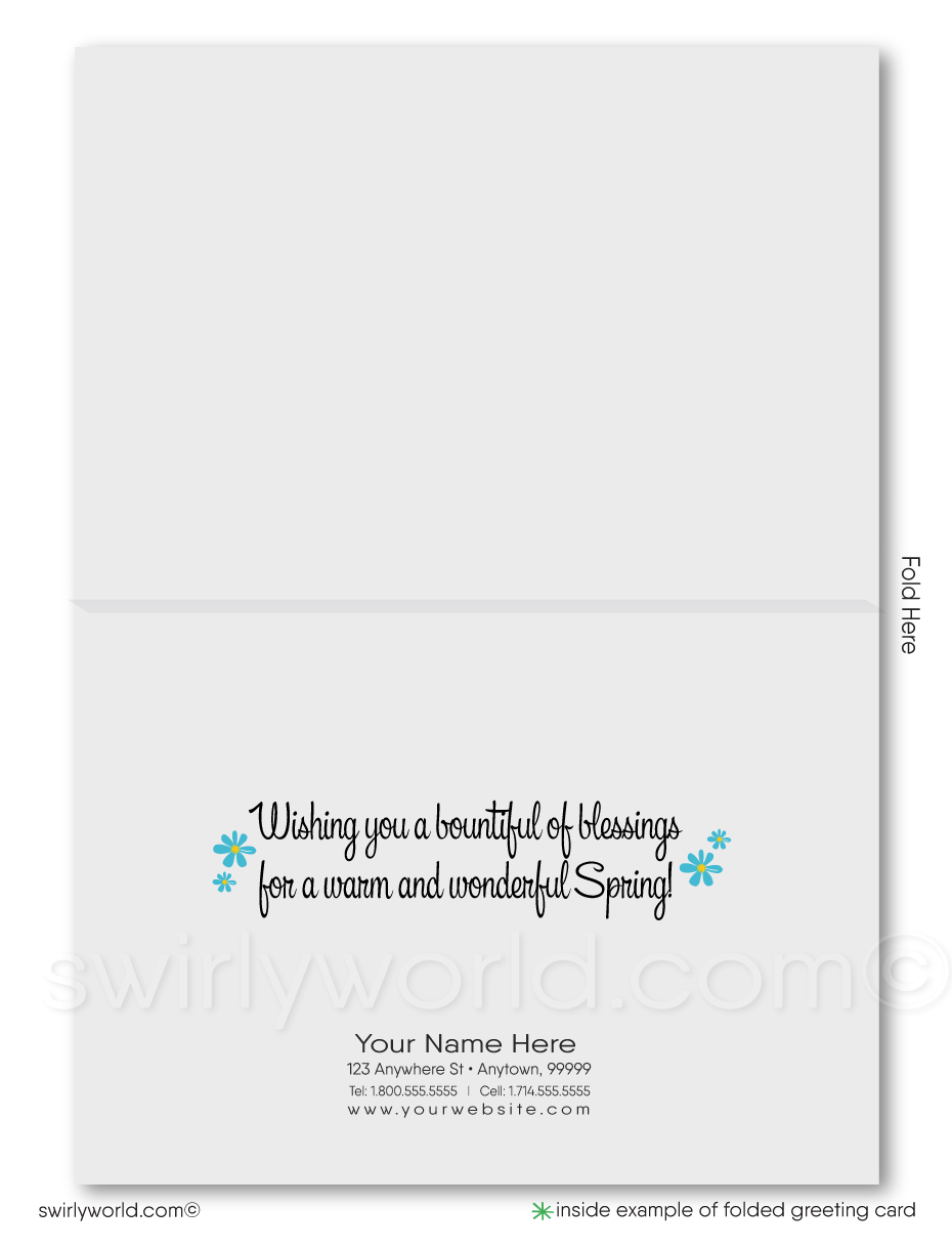 Charming spring card with watercolor daisies, retro “Happy Spring” script, and polka dot backdrop in sunny blue and yellow. Customizable for client outreach!