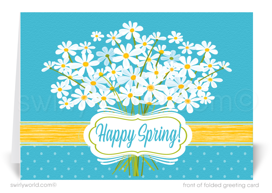 Charming spring card with watercolor daisies, retro “Happy Spring” script, and polka dot backdrop in sunny blue and yellow. Customizable for client outreach!