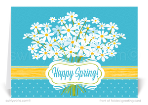 Charming spring card with watercolor daisies, retro “Happy Spring” script, and polka dot backdrop in sunny blue and yellow. Customizable for client outreach!