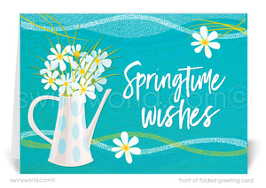 Beautiful springtime flower pot vase with daisy flowers coming out happy Easter Spring greeting cards for business professional marketing.