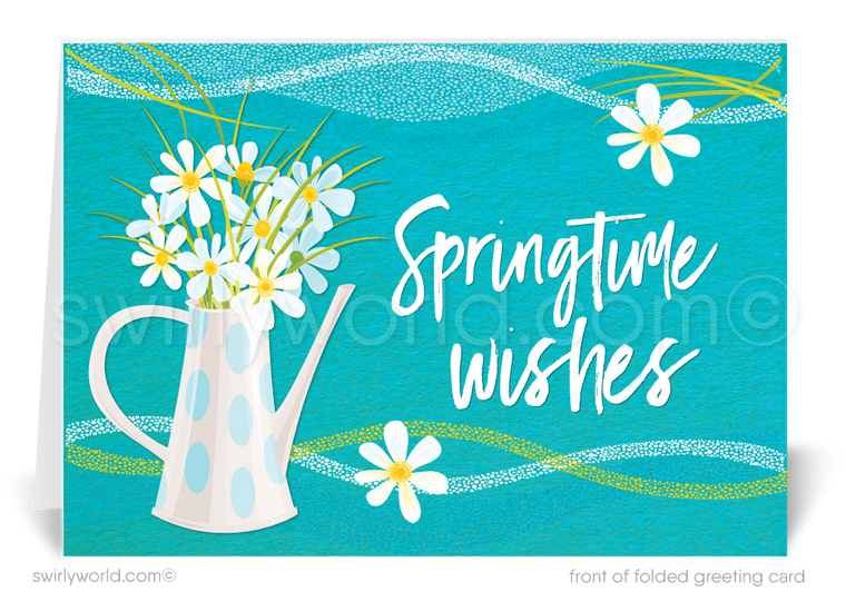 Beautiful springtime flower pot vase with daisy flowers coming out happy Easter Spring greeting cards for business professional marketing.