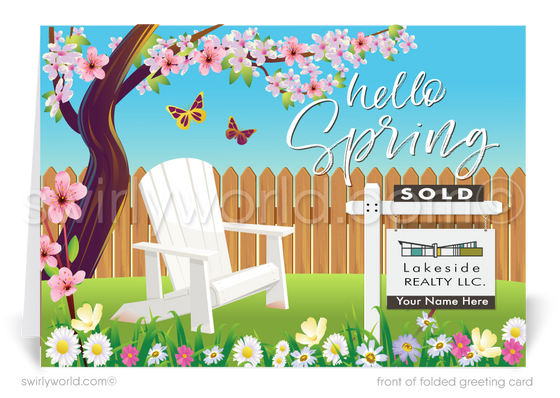  Beautiful springtime floral cherry blossoms butterflies adirondack chair with real estate sign happy Easter greeting cards for Realtors®. 