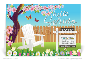  Welcome spring with a charming retro greeting card featuring a blooming cherry tree, butterflies, and a realtor sign—customizable for branding and client connections.