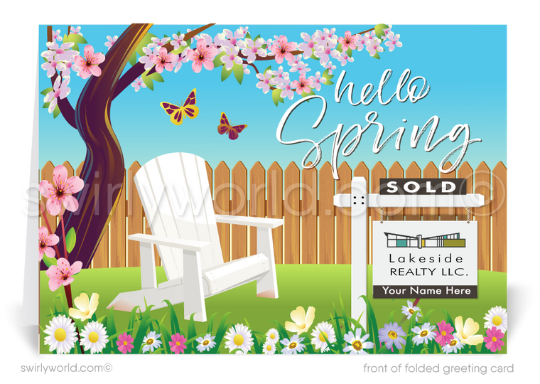  Beautiful springtime floral cherry blossoms butterflies adirondack chair with real estate sign happy Easter greeting cards for Realtors®. 