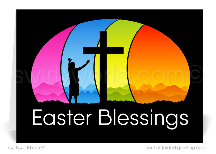 Religious Christian Happy Easter Sunday Service Cards. Retro modern happy Easter greeting card for customers.