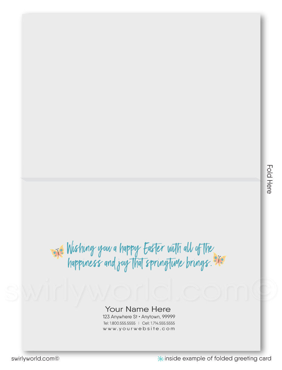 Welcome spring with this retro Easter greeting card! A charming design with flowers, Easter eggs, and a realtor signpost—perfect for client connections.