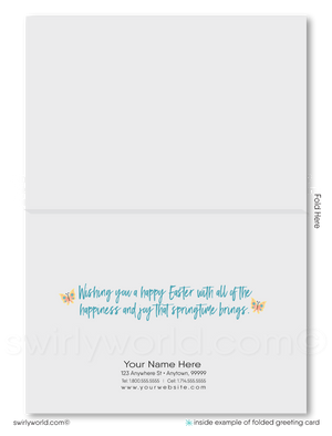 Retro Easter Spring Greeting Card – Whimsical Flowers, Painted Eggs & Realtor Signpost for Client Connections