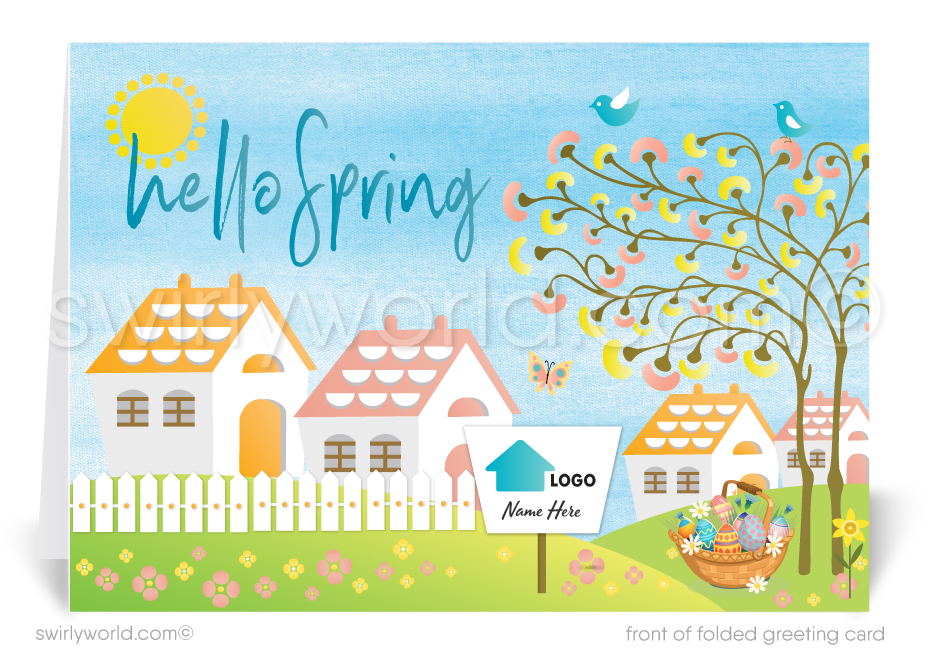 Welcome spring with this retro Easter greeting card! A charming design with flowers, Easter eggs, and a realtor signpost—perfect for client connections.