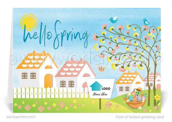 Realtor Happy Spring Easter Greeting Cards for ClientsBeautiful springtime watercolor houses neighborhood happy Easter Spring greeting cards for business professional marketing.