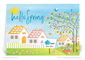 Welcome spring with this retro Easter greeting card! A charming design with flowers, Easter eggs, and a realtor signpost—perfect for client connections.