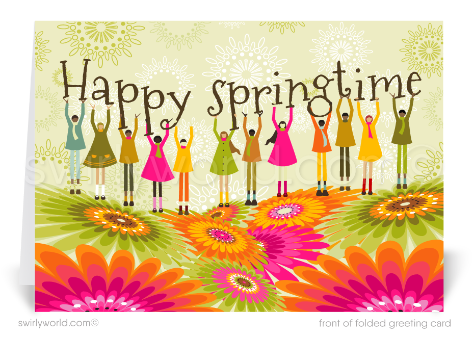 Retro Spring Greeting Card – 1960s Silhouettes with Vibrant Flowers & “Happy Springtime” Message