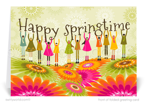 Retro Spring Greeting Card – 1960s Silhouettes with Vibrant Flowers & “Happy Springtime” Message