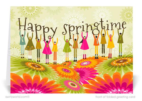 Retro Spring Greeting Card – 1960s Silhouettes with Vibrant Flowers ...