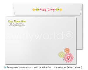 Retro Spring Greeting Card – 1960s Silhouettes with Vibrant Flowers & “Happy Springtime” Message