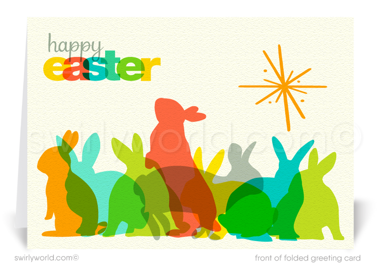 Retro mid-century mod vintage Springtime colorful bunnies starburst happy Easter Spring greeting cards for business professional marketing.