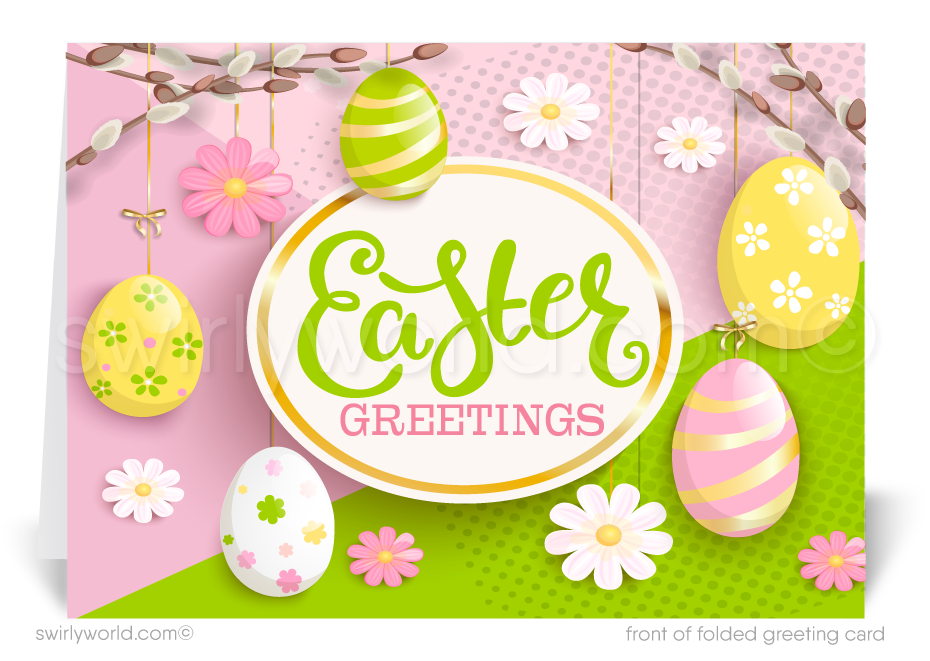 Retro mod vintage Springtime colorful flower blossoms eggs happy Easter Spring greeting cards for business professional marketing.