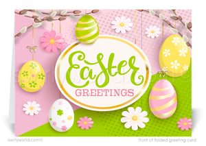 Retro mod vintage Springtime colorful flower blossoms eggs happy Easter Spring greeting cards for business professional marketing.