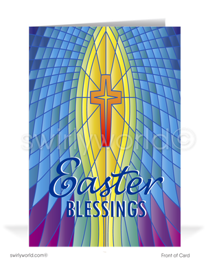 Beautiful religious stained glass Christian cross blessed happy Easter greeting cards for Church service.