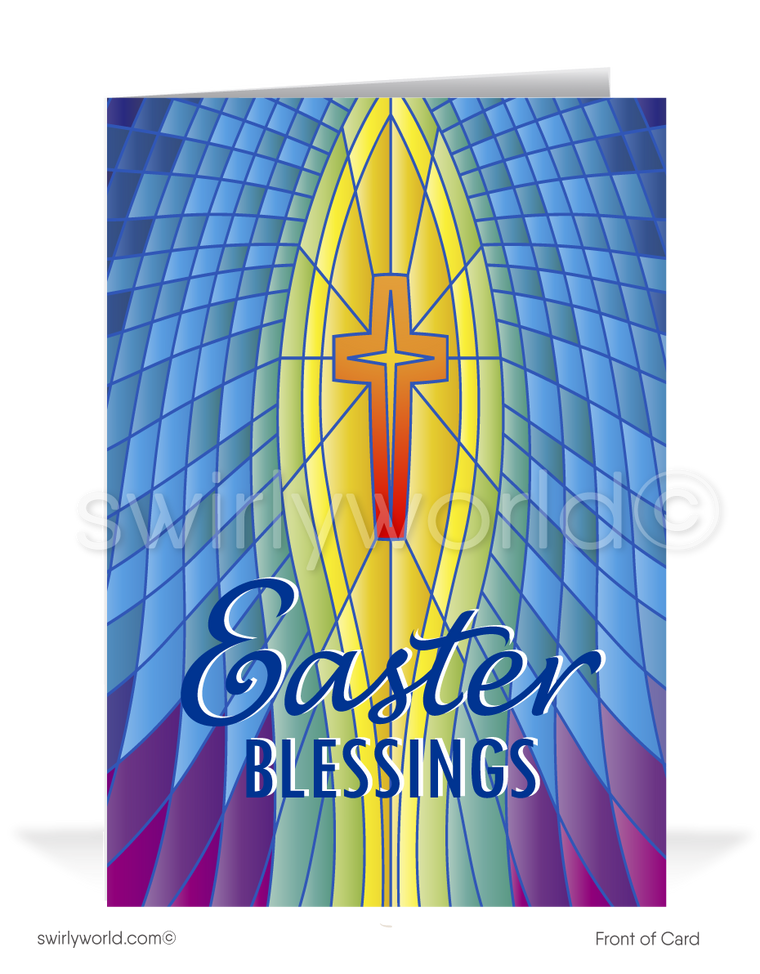 Beautiful religious stained glass Christian cross blessed happy Easter greeting cards for Church service.