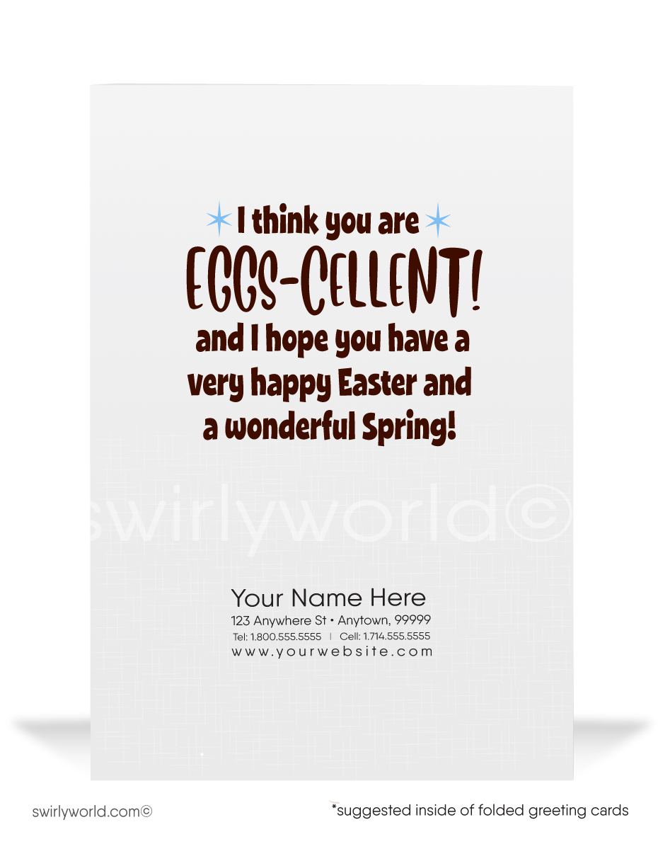Humorous cartoon funny happy Easter greeting cards for business.