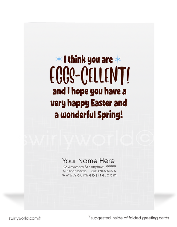 Humorous cartoon funny happy Easter greeting cards for business.