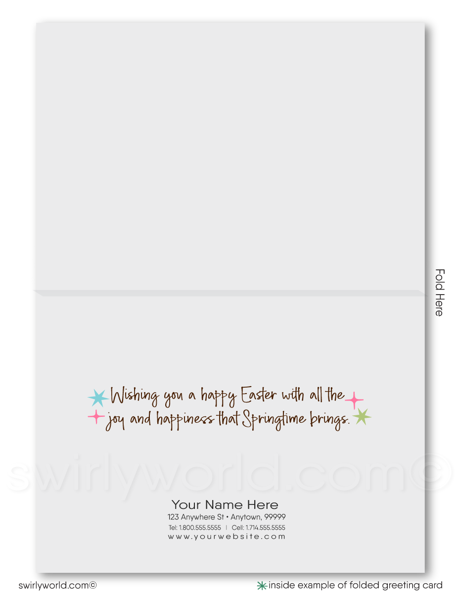 Celebrate Easter with a retro card featuring a baby chick in bunny ears hatching from an egg with confetti. Nostalgic mid-century charm, perfect for loved ones!