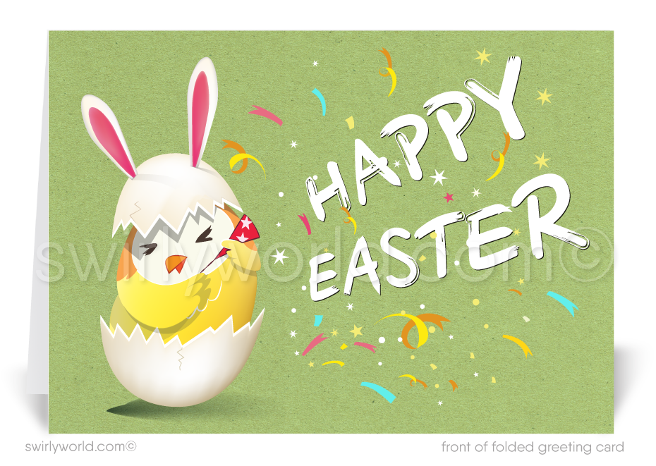 Celebrate Easter with a retro card featuring a baby chick in bunny ears hatching from an egg with confetti. Nostalgic mid-century charm, perfect for loved ones!