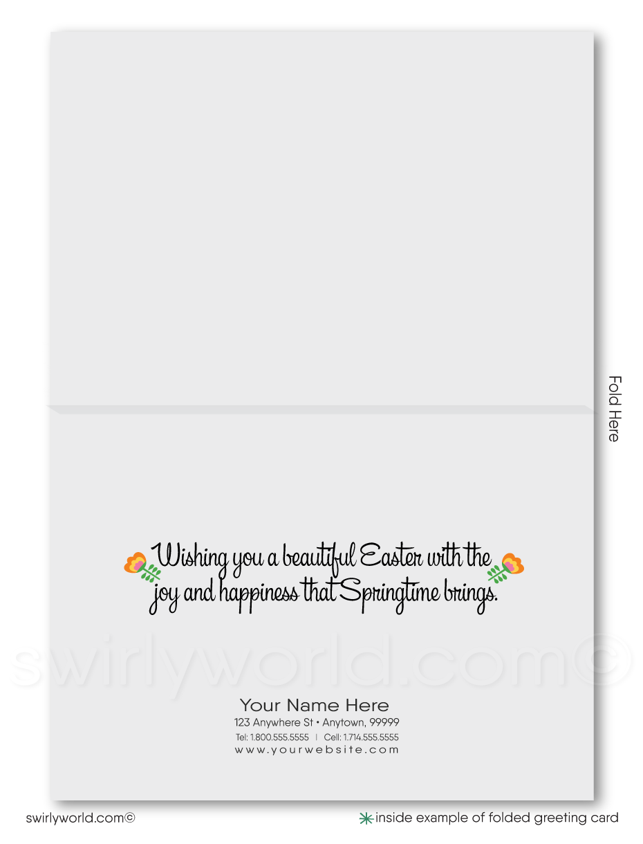 Send Easter joy with a retro card featuring egg-shaped hot air balloons and floral-filled baskets. Nostalgic mid-century charm, perfect for clients, family & friends!