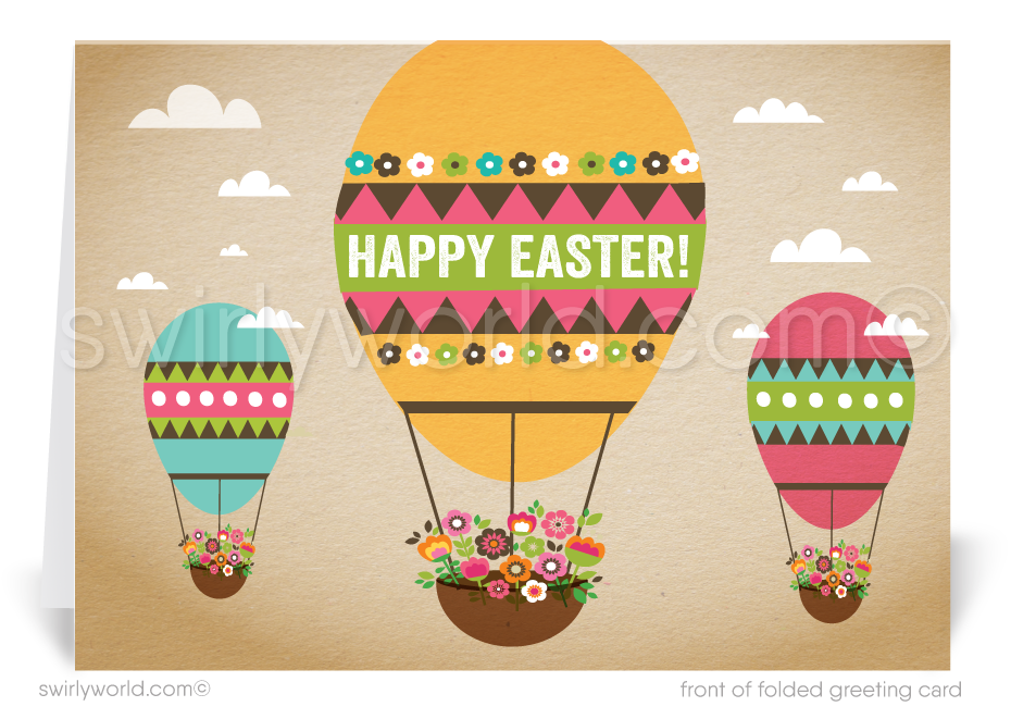 Retro mid-century mod vintage Springtime eggs floating air balloon happy Easter Spring greeting cards for business professional marketing.
