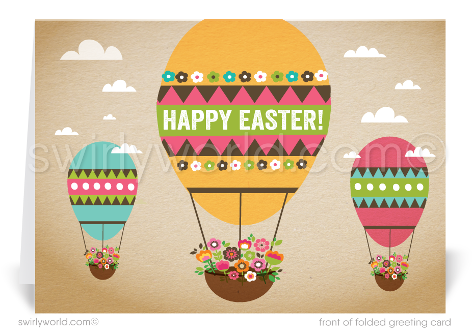 Send Easter joy with a retro card featuring egg-shaped hot air balloons and floral-filled baskets. Nostalgic mid-century charm, perfect for clients, family & friends!