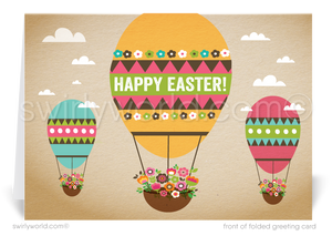 Send Easter joy with a retro card featuring egg-shaped hot air balloons and floral-filled baskets. Nostalgic mid-century charm, perfect for clients, family & friends!