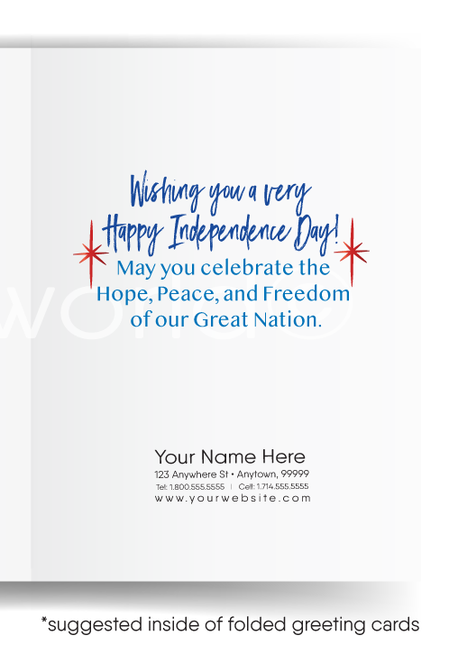 Patriotic American flag red, white, and blue stars with balloons celebrating Independence Day; happy 4th of July greeting cards for Realtors®.