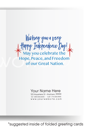 Patriotic American flag red, white, and blue stars with balloons celebrating Independence Day; happy 4th of July greeting cards for Realtors®.