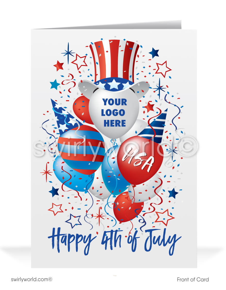 Patriotic American flag red, white, and blue stars with balloons celebrating Independence Day; happy 4th of July greeting cards for Realtors®.