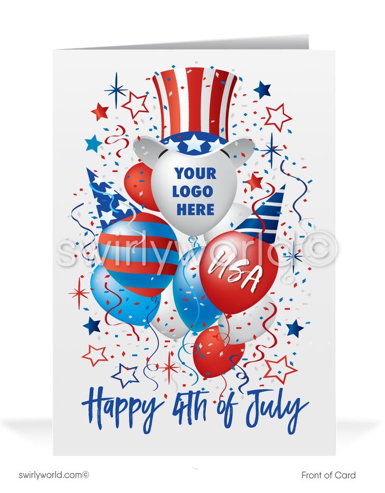 Patriotic American flag red, white, and blue stars with balloons celebrating Independence Day; happy 4th of July greeting cards for Realtors®.